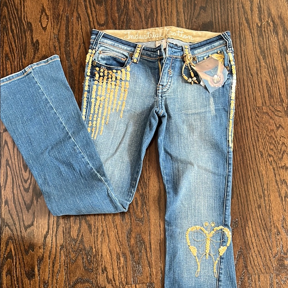 Industrial Cotton Butterfly Sequin Low Rise Flare Y2K Denim